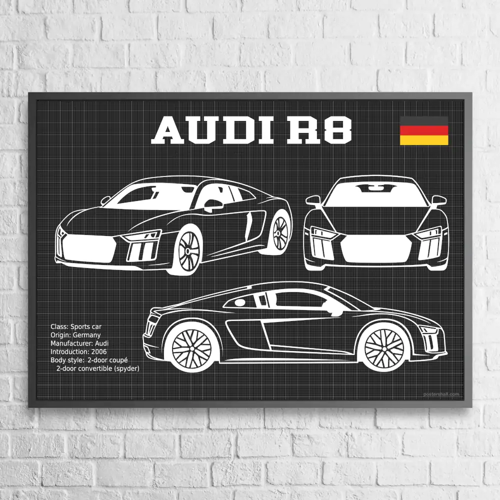 Audi R8 V10 2018 Blueprint Wall Poster - Image 2