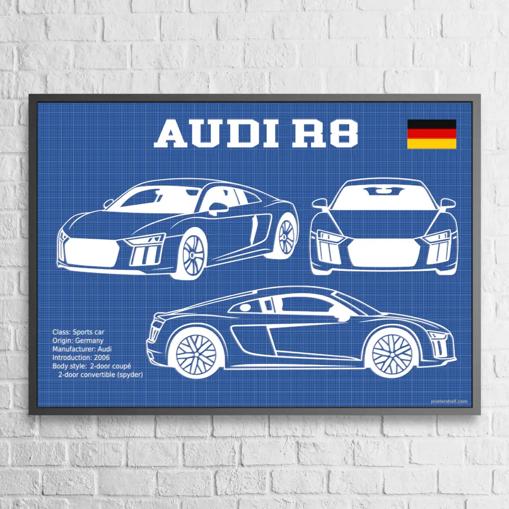 Audi R8 V10 2018 Blueprint Wall Poster