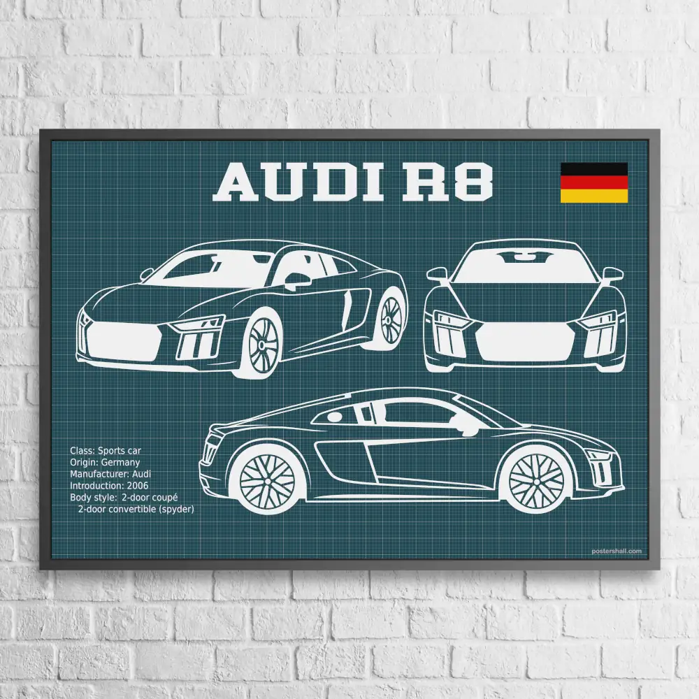 Audi R8 V10 2018 Blueprint Wall Poster - Image 3