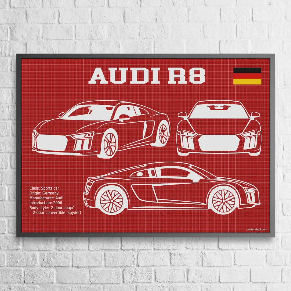 Audi R8 V10 2018 Blueprint Wall Poster - Image 4