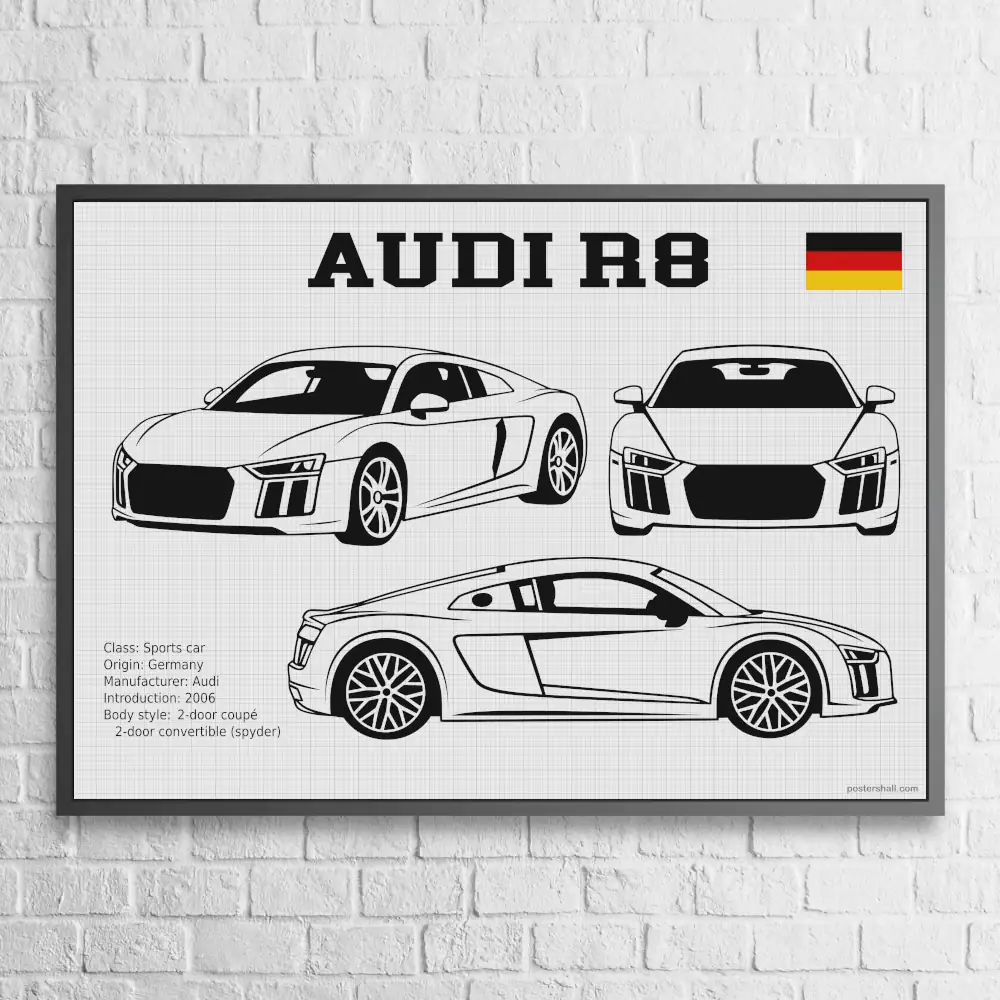 Audi R8 V10 2018 Blueprint Wall Poster - Image 6